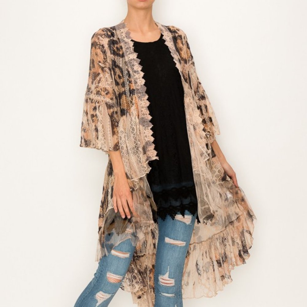 new ORIGAMI ANIMAL PRINT leopard ALL LACE CARDIGAN KIMONO western boho SM-4X - Picture 2 of 9